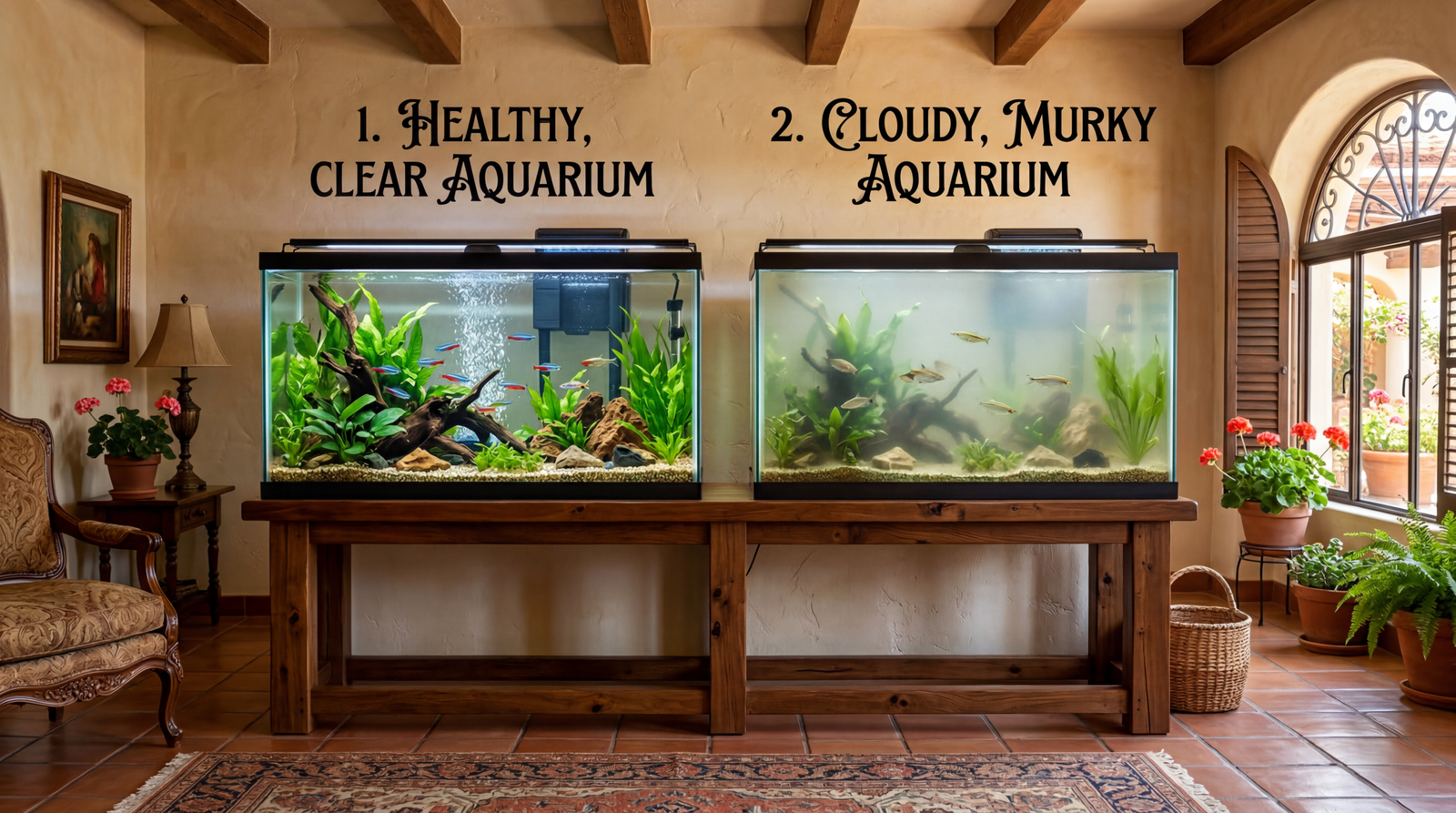 Clear aquarium compared to cloudy aquarium after cleaning