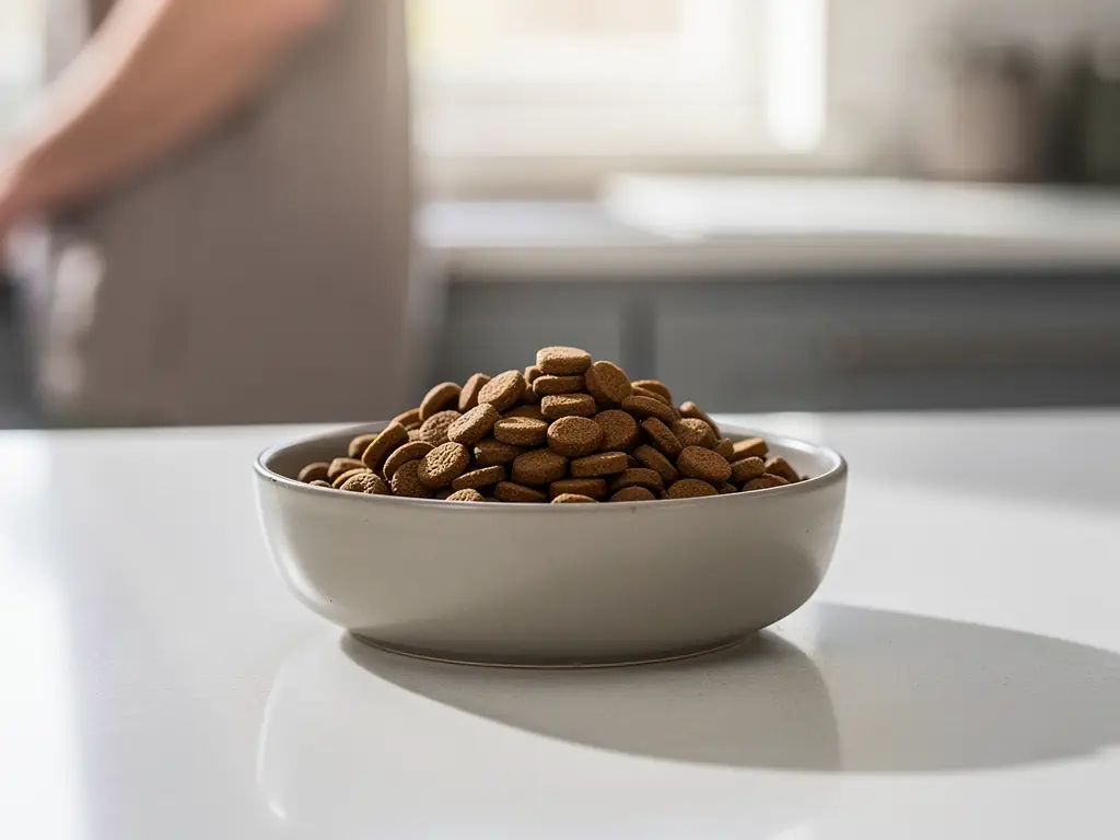 Bowl of indoor adult cat kibble for daily maintenance feeding