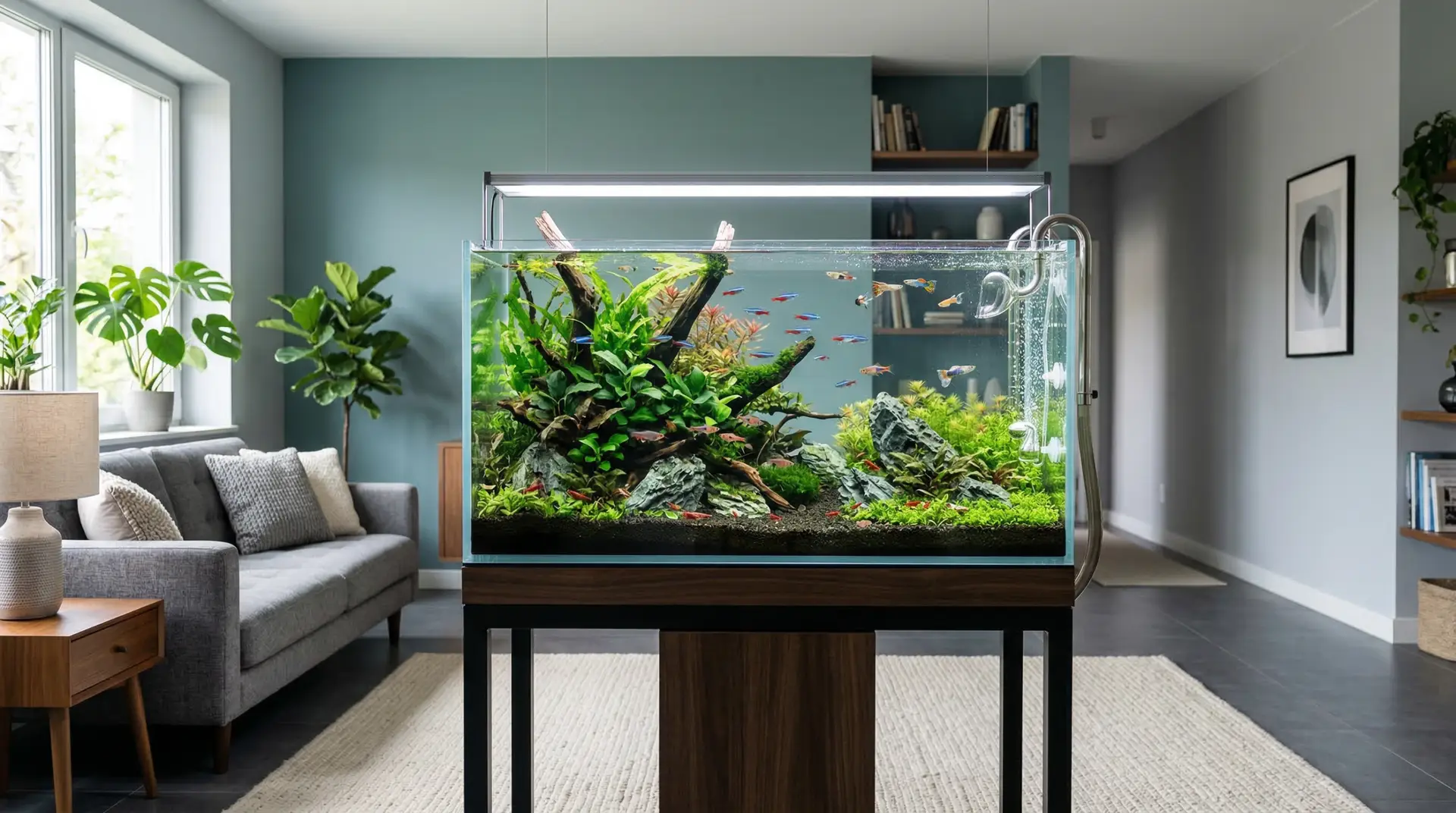 Illustration of a planted aquarium on a cabinet in a furnished room