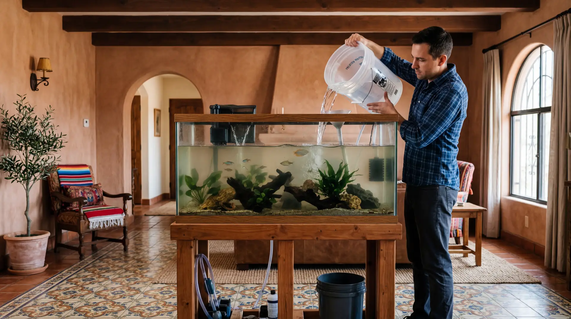 Person pouring water from a bucket into an aquarium