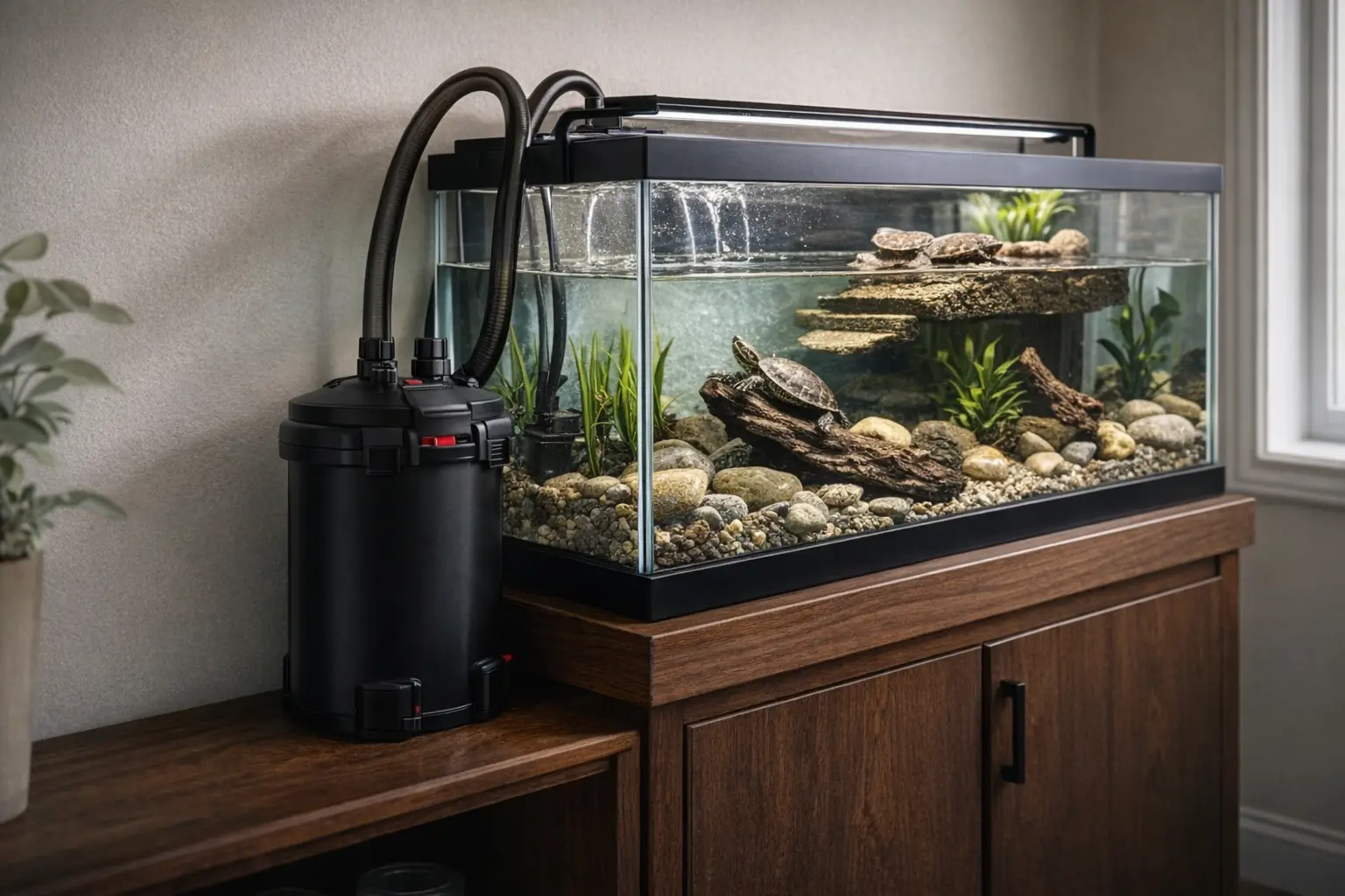 High-capacity multi-stage drum canister filter beside an adult turtle tank
