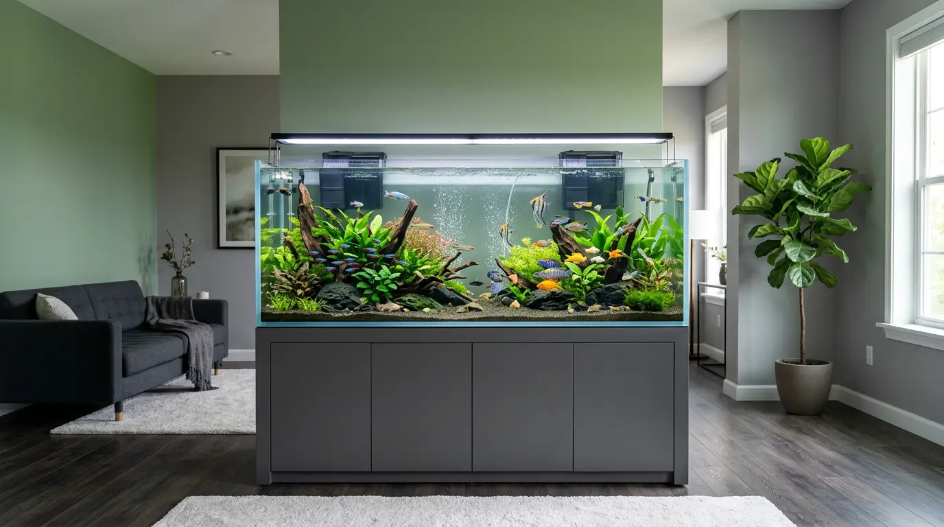 Hang-on-back filter installed on a planted community aquarium