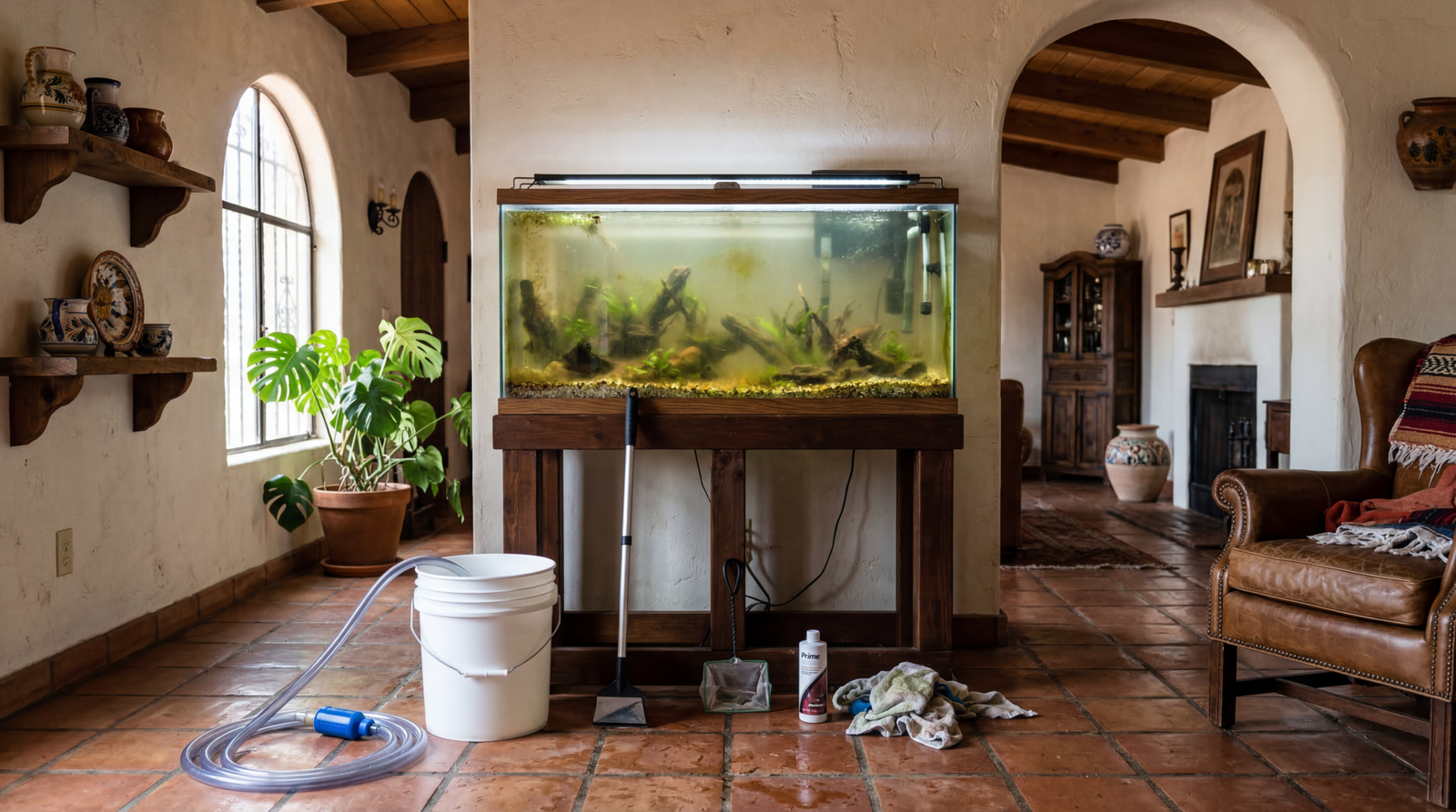 Aquarium maintenance scene in a home setting
