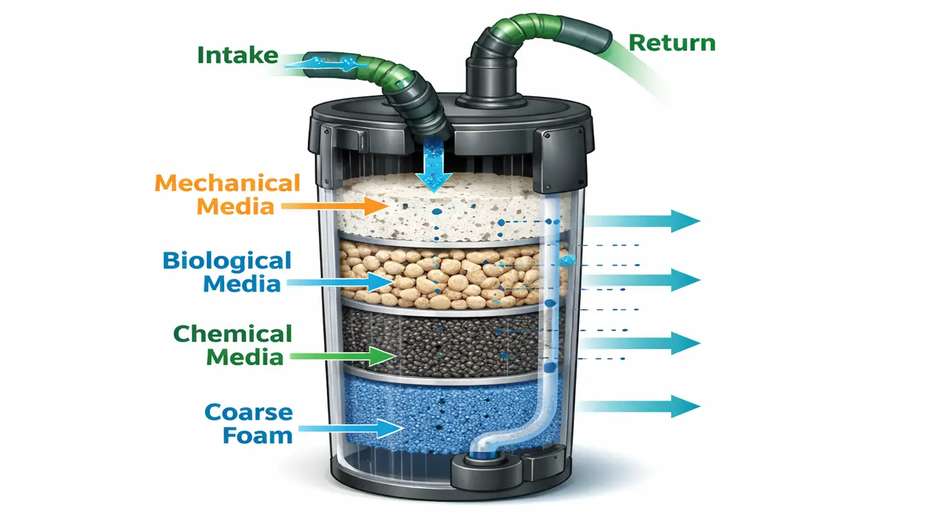 Conceptual cutaway illustration of a canister filter and media layers
