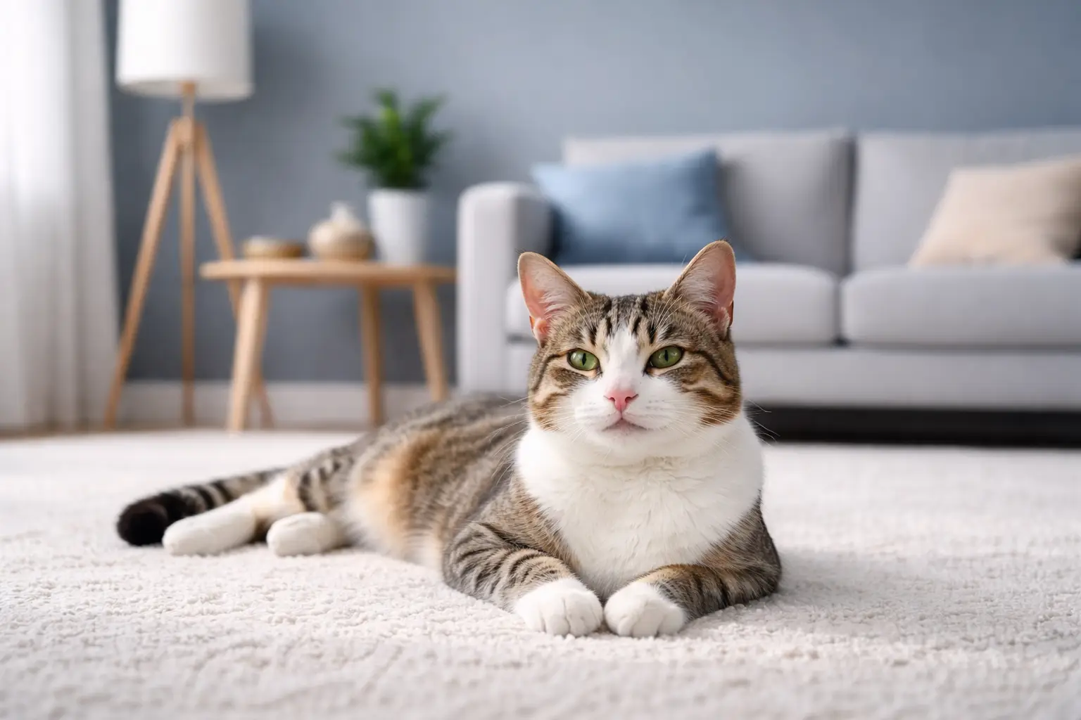 Cat sitting indoors for cat product guides
