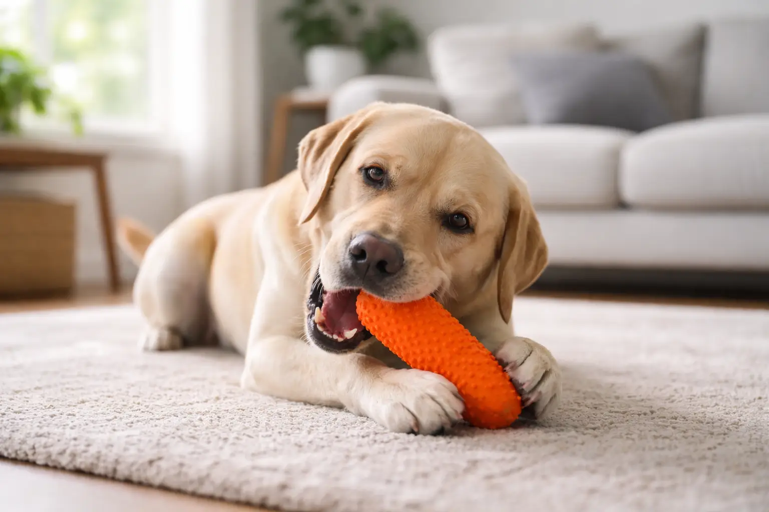 Dog chewing a durable toy indoors