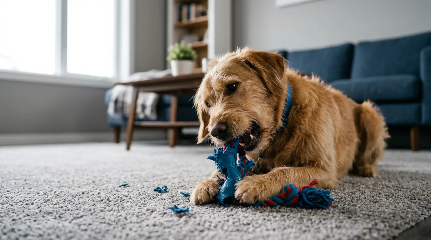 Dog chewing a toy indoors