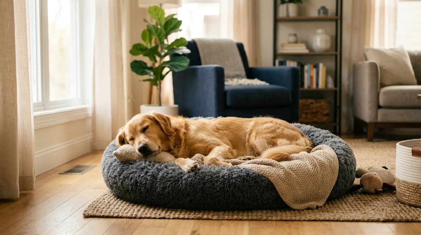 Dog resting near toys after playtime