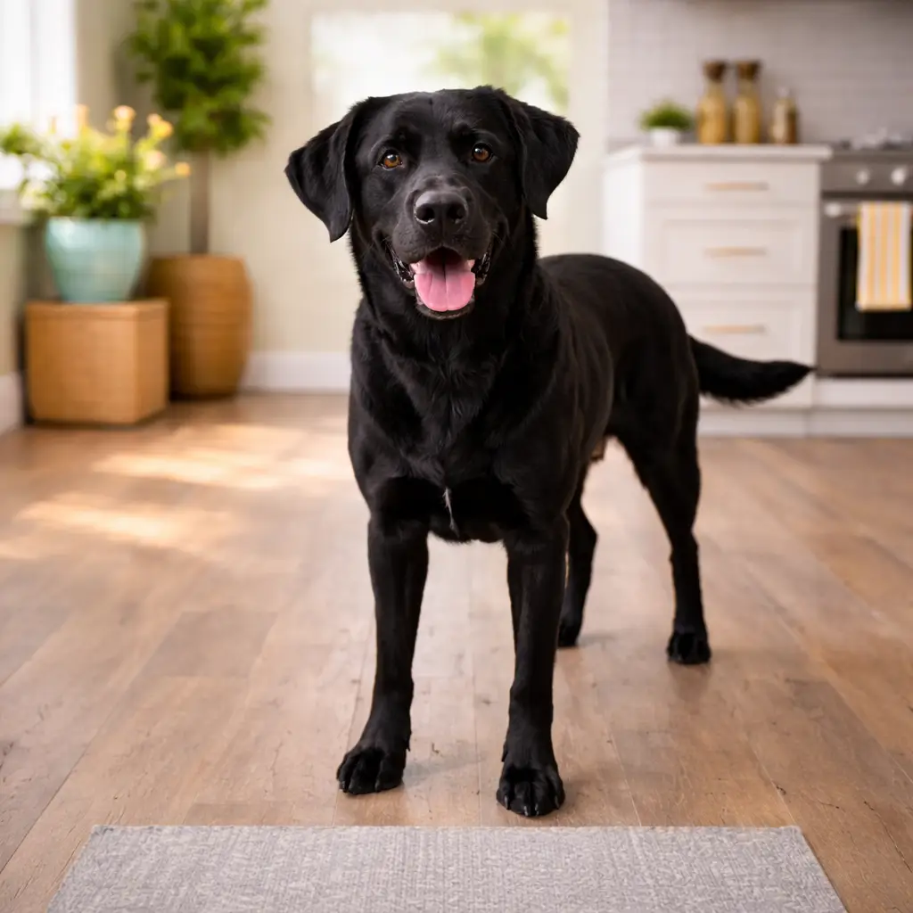 Dog sitting indoors for dog product guides
