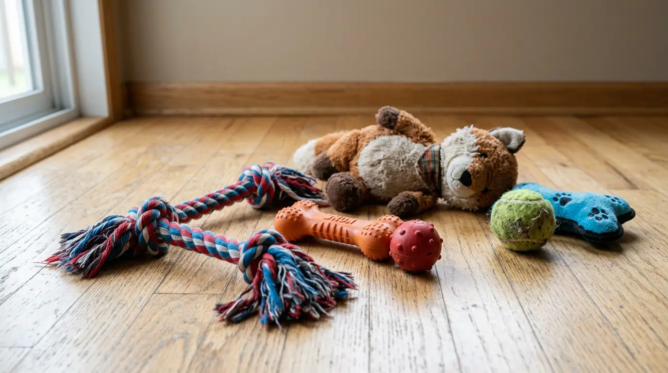 Durable dog toys arranged for indoor play