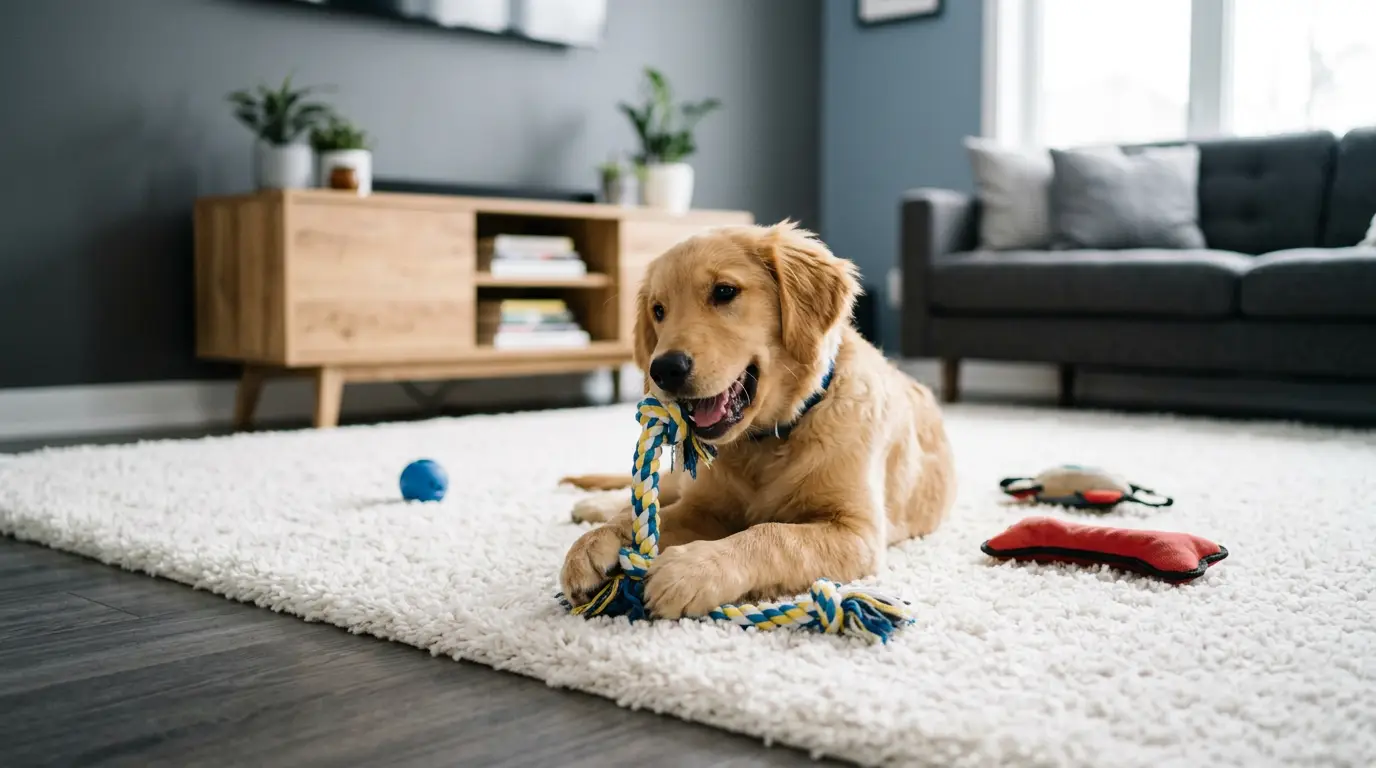 Dog surrounded by several toy types