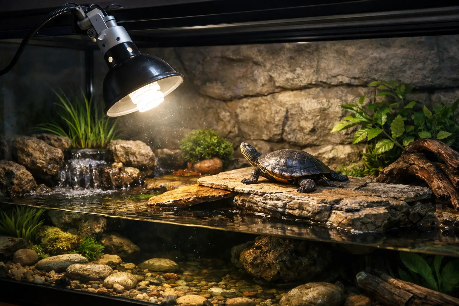 Clamp lamp above a turtle on a rock ledge