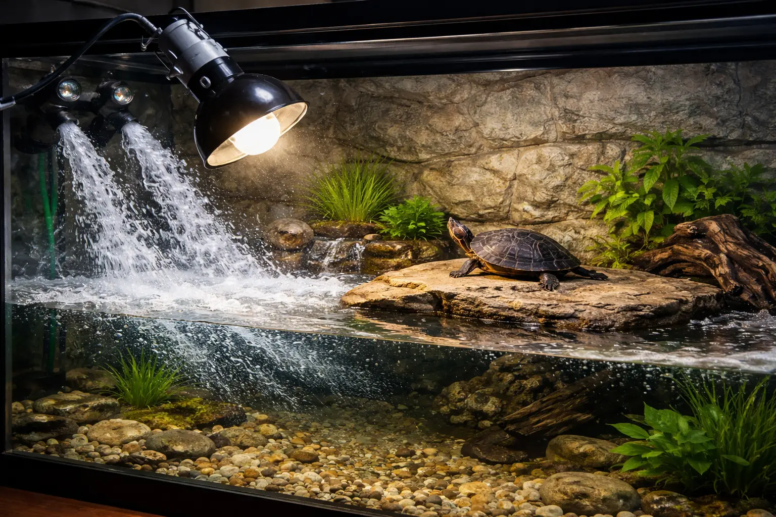 Water cascading into an aquarium beside a turtle on a ledge