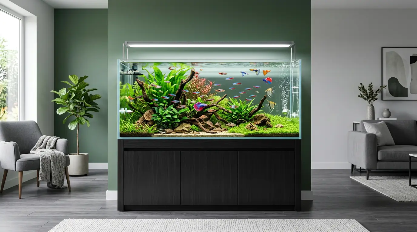 Freshwater aquarium tank setup indoors