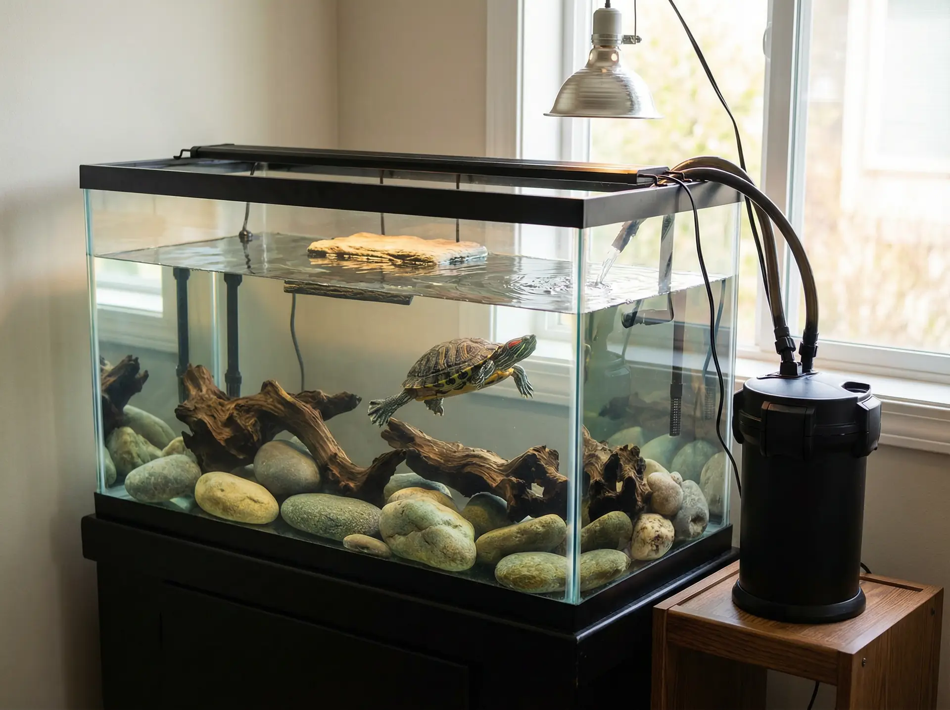 Turtle tank with river rock substrate