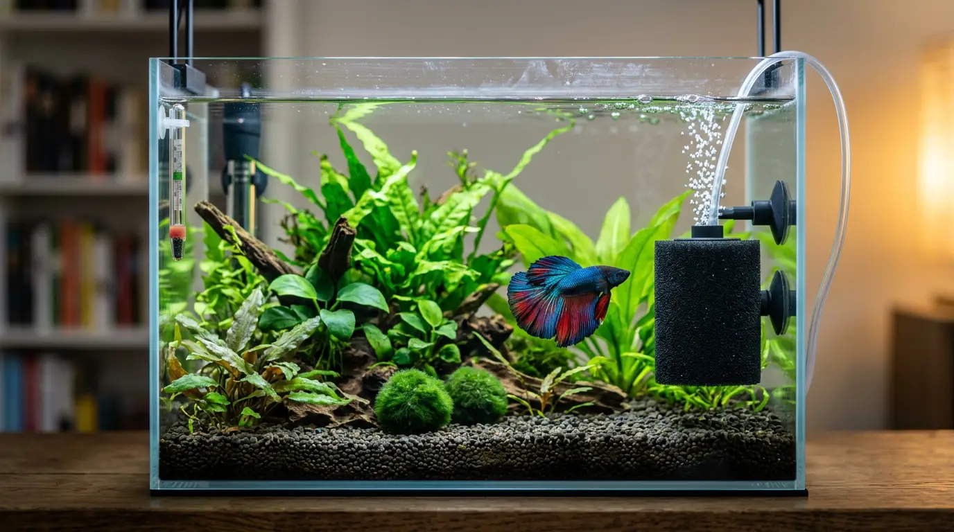 Illustration of a betta among aquarium plants beside a black filter