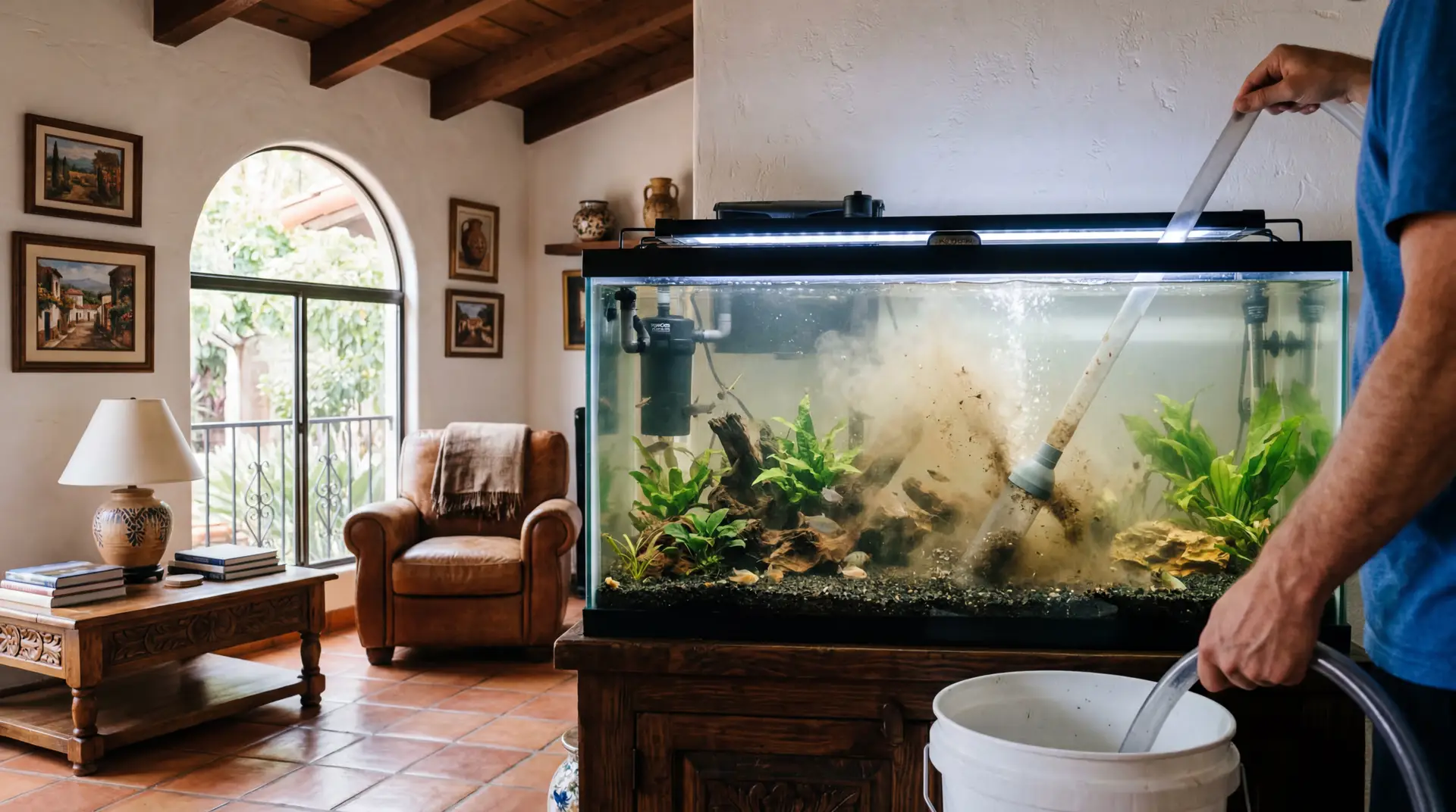 Simple fish tank maintenance with clean water and aquarium tools