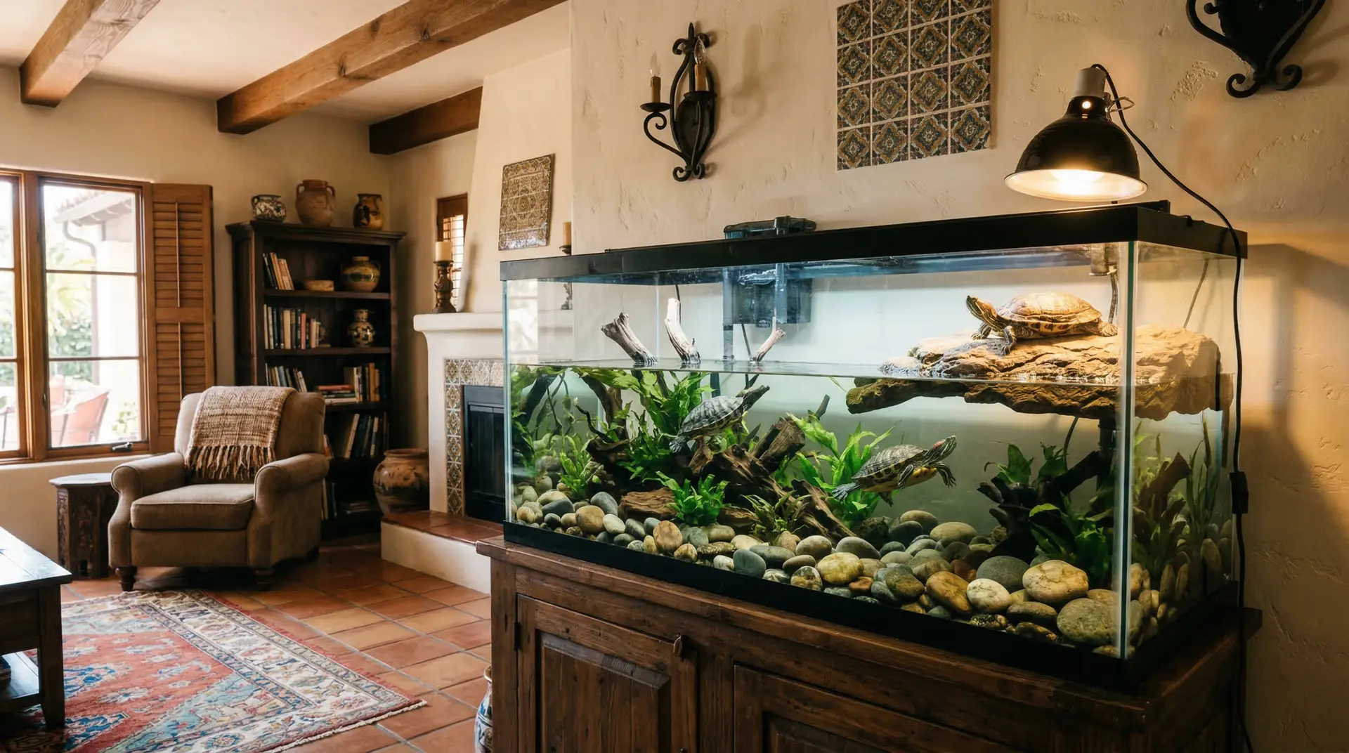 Glass aquarium with a turtle, water, basking ledge, lamp and external filter