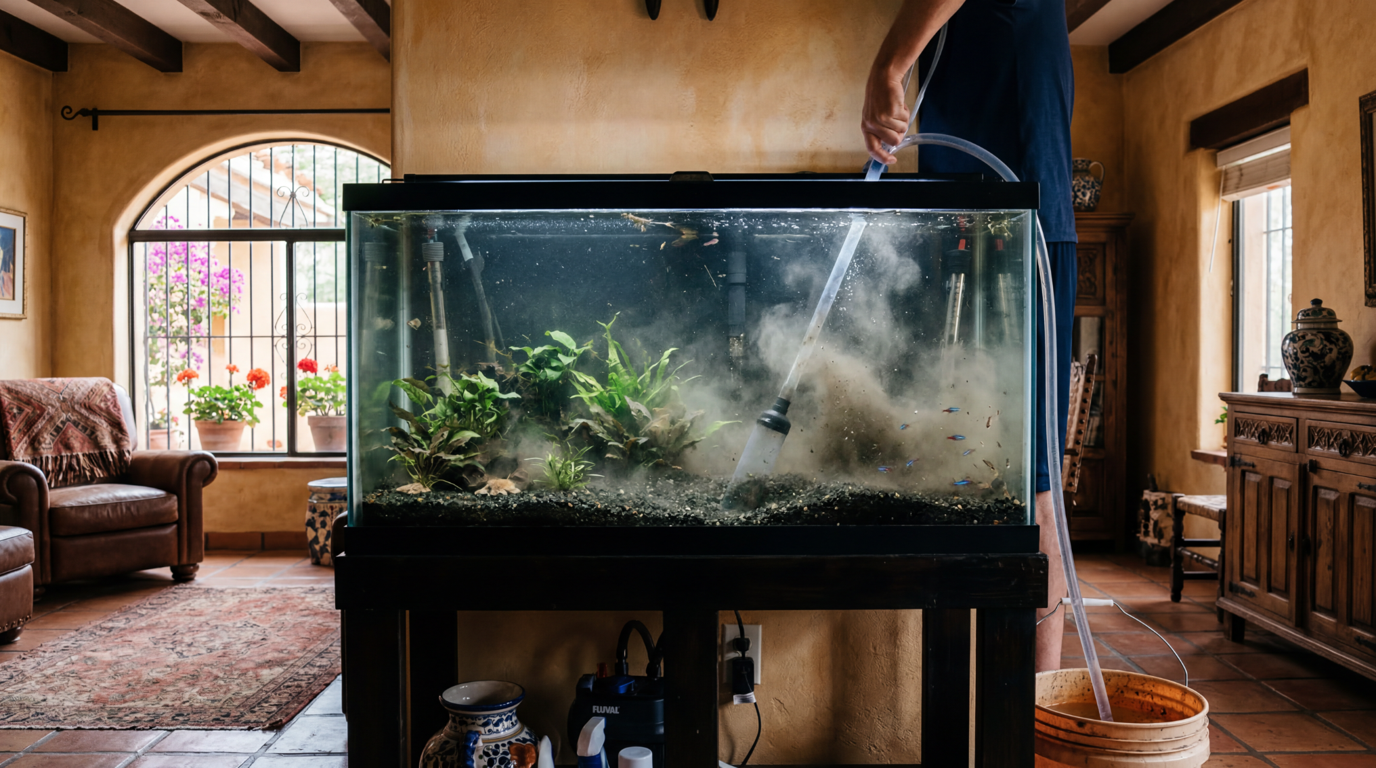 Turtle tank debris and waste buildup