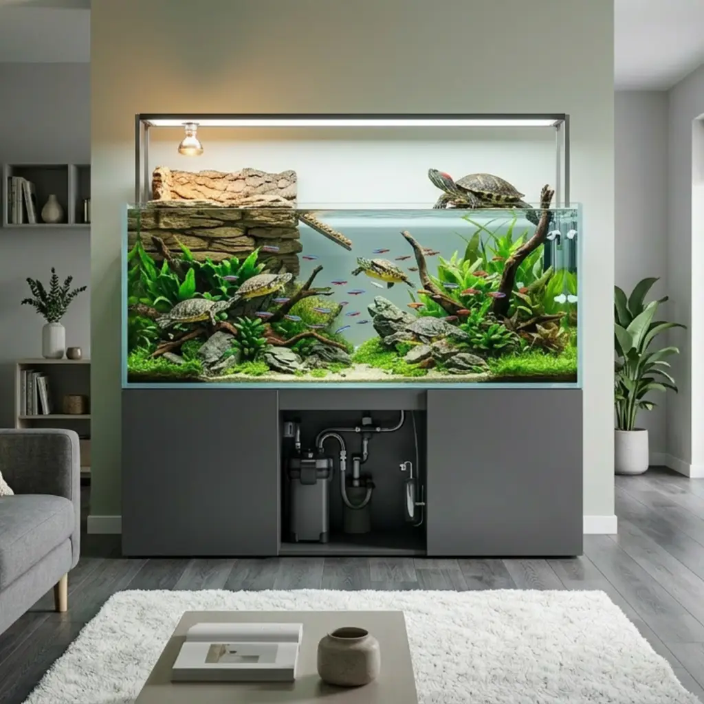Decorated aquatic turtle tank