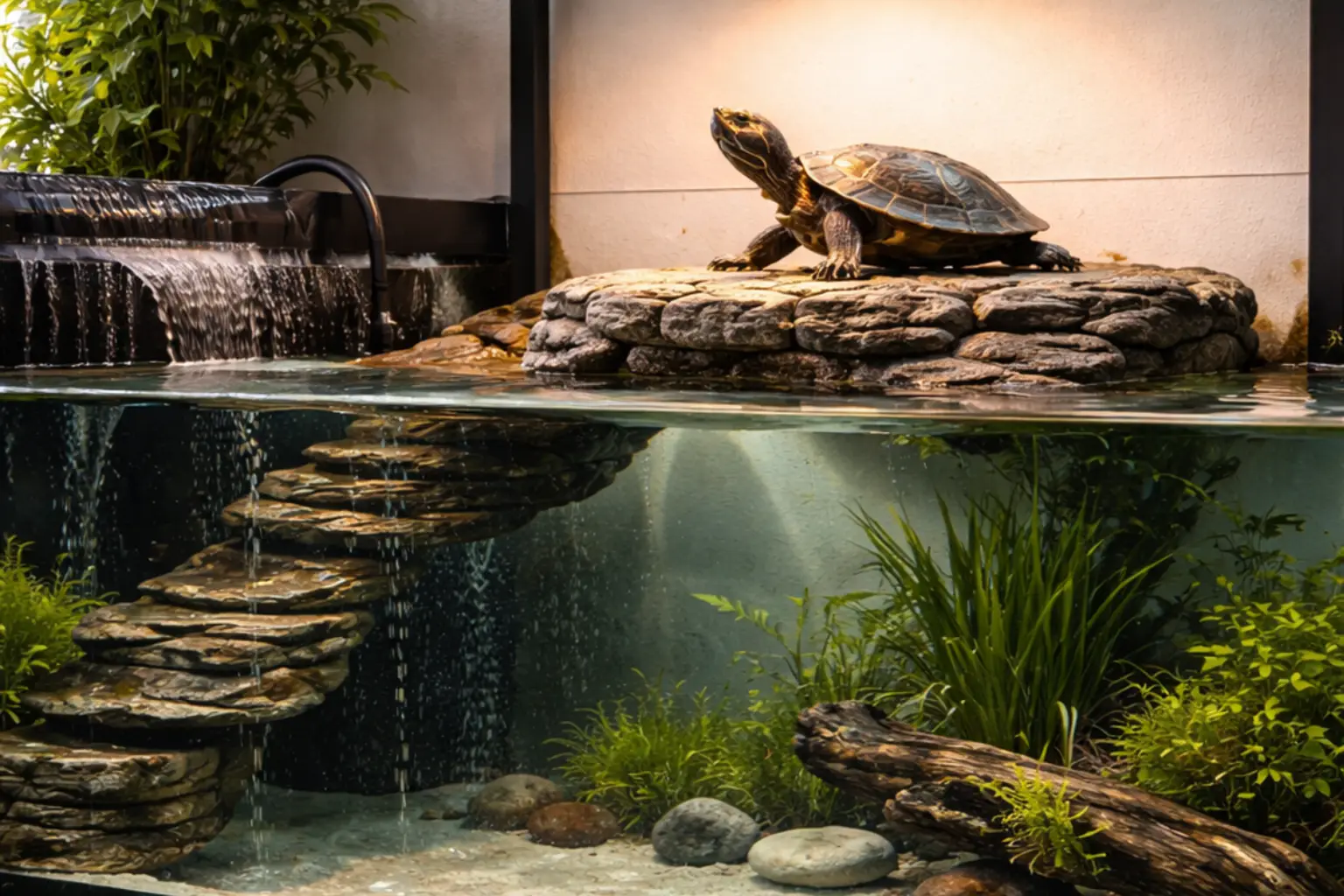 Turtle on a rock ledge above aquarium water