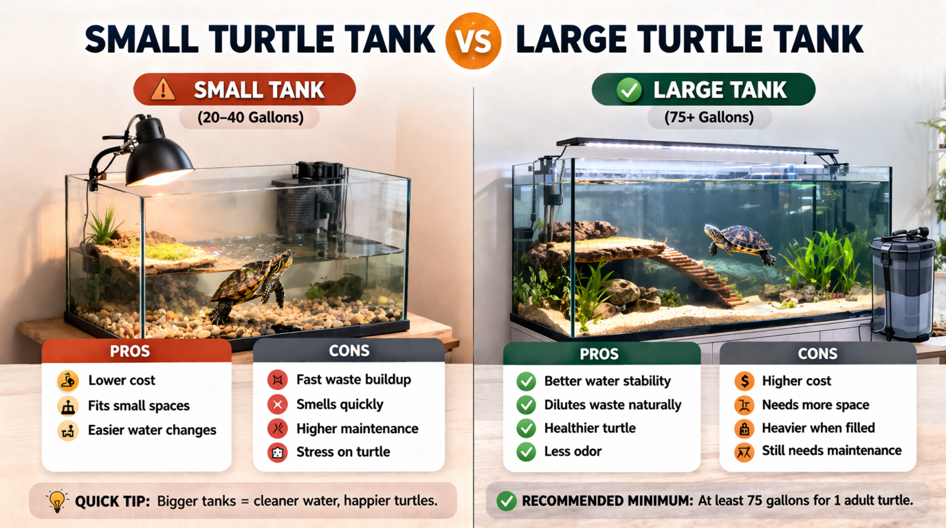 Small turtle tank versus large turtle tank comparison