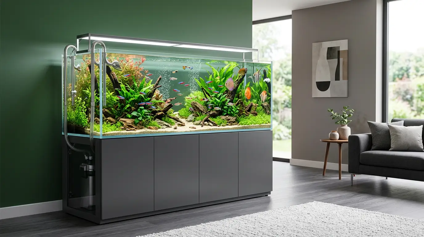 Illustration of a planted aquarium on a cabinet beside a sofa