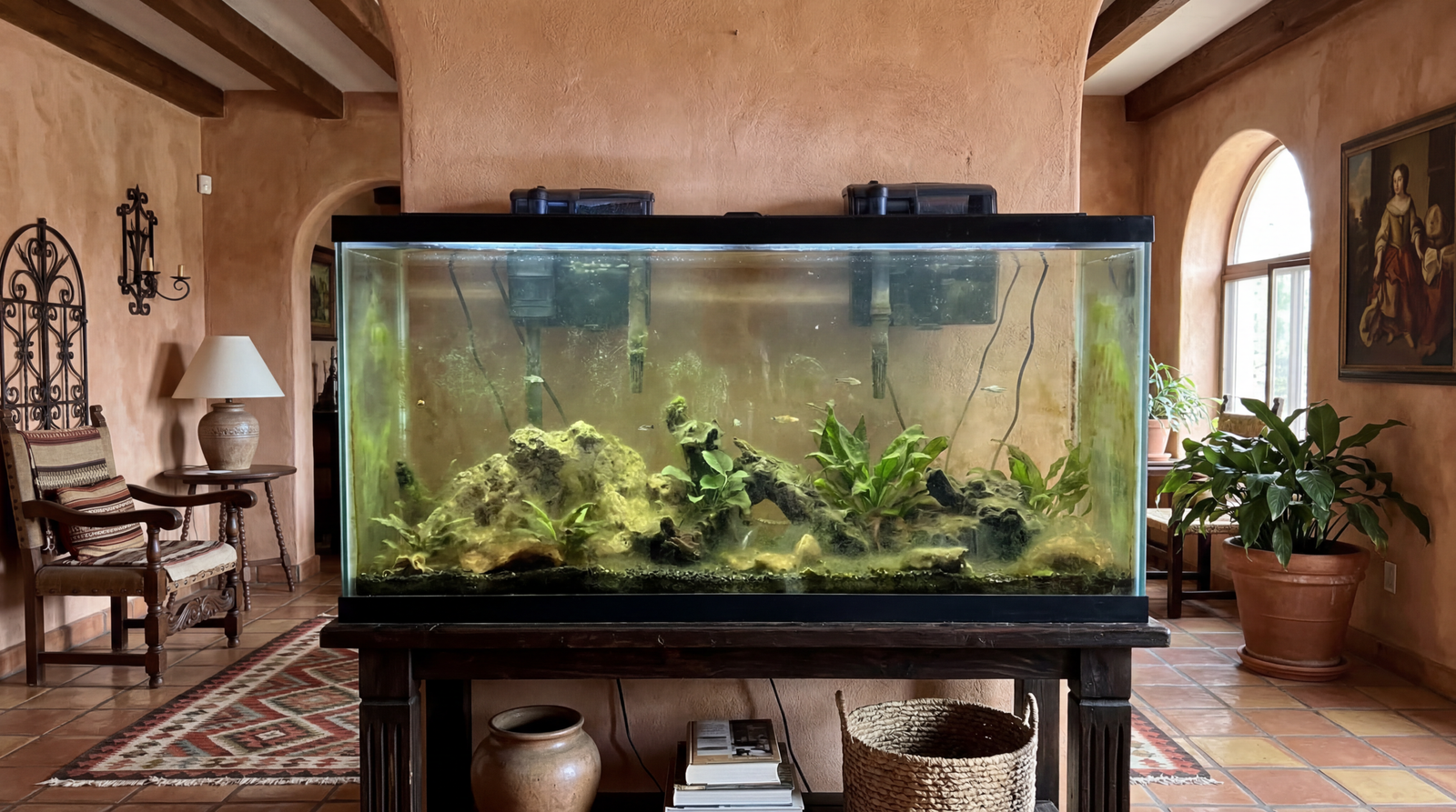 Aquarium with visible algae growth on glass and decor