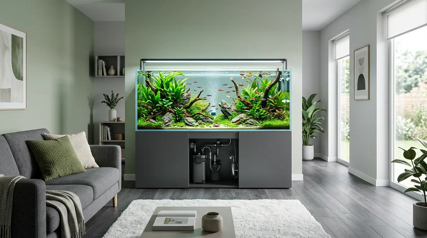 Illustration of a planted aquarium with equipment visible in the cabinet below