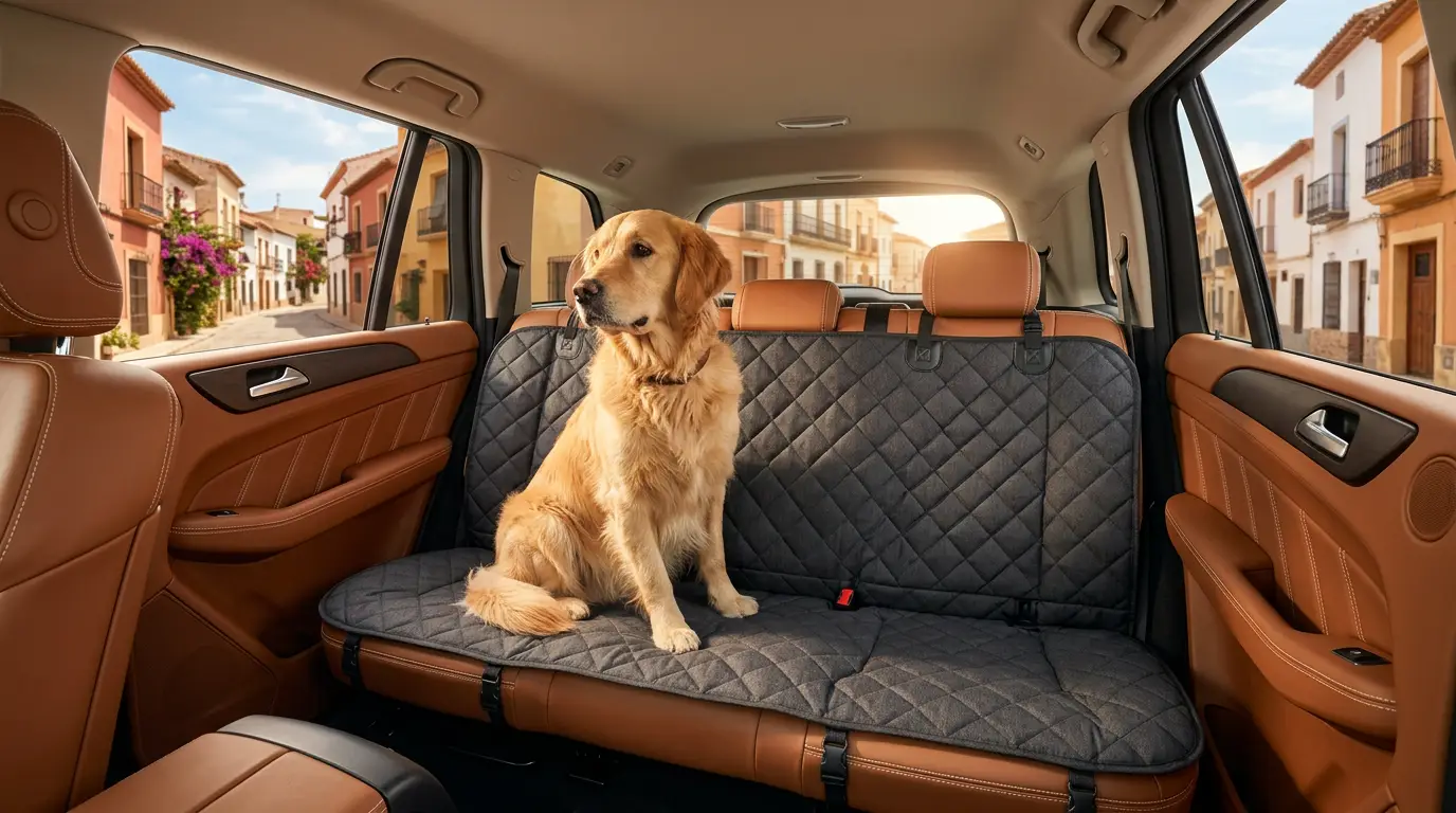 Dog sitting on a protective car seat cover in the back seat of a vehicle