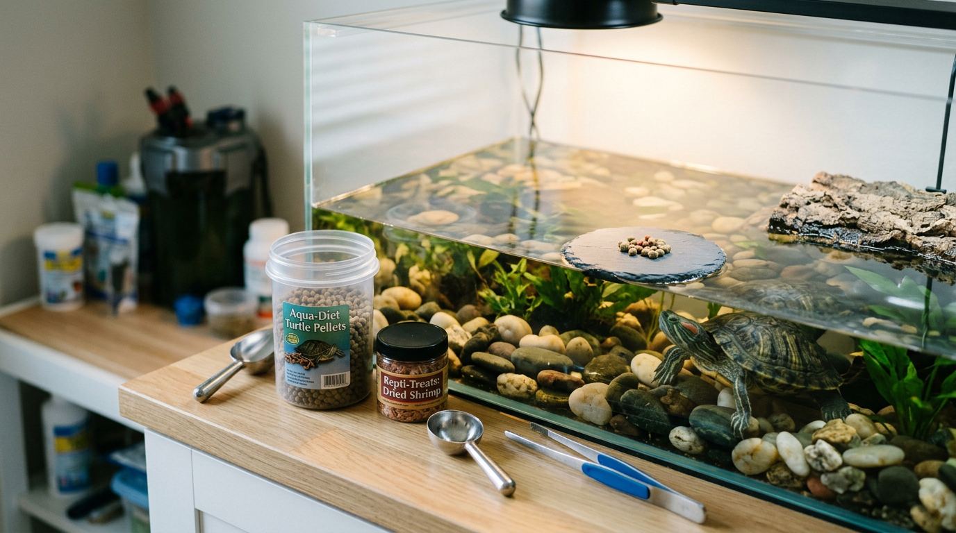 Aquatic turtle food container beside a turtle tank