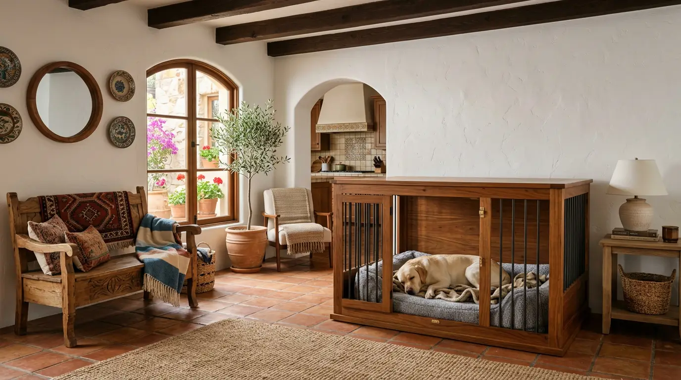 Dog relaxing in a crate with a comfortable pad