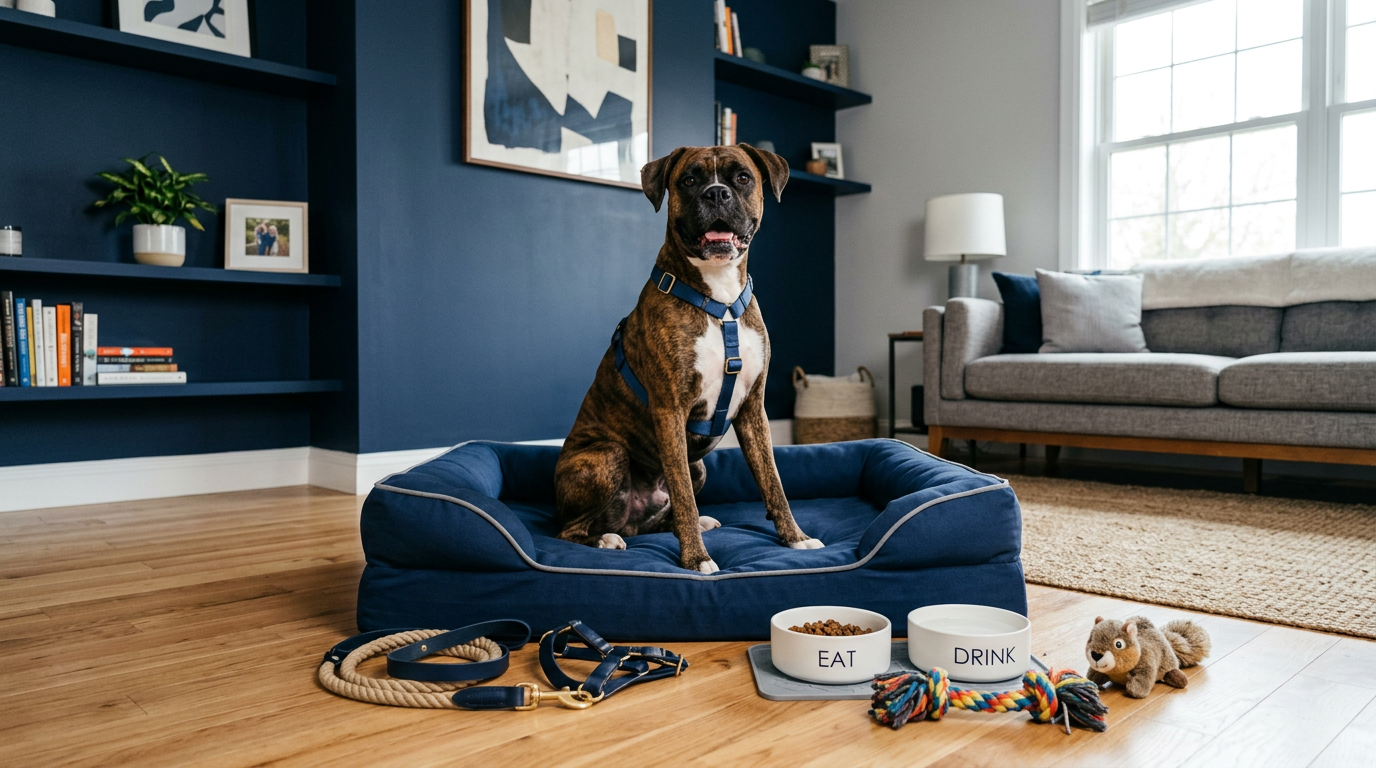 New dog owner essentials including leash, bowl, toy, and bed