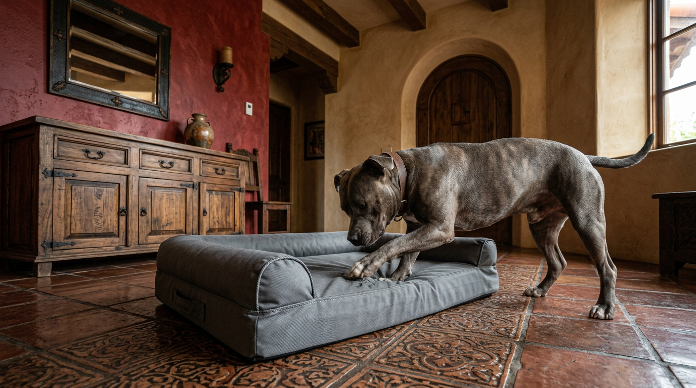 Large tough dog resting on a durable dog bed in a modern living room