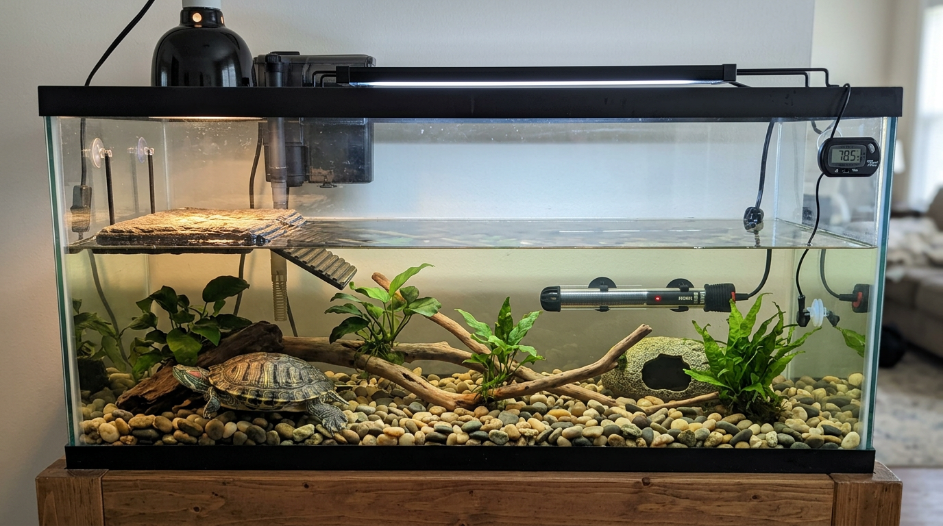 Aquatic turtle water heater inside a tank