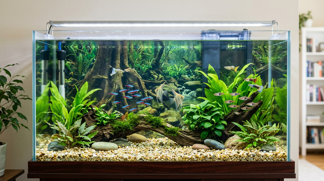 Aquarium background behind a tropical fish tank