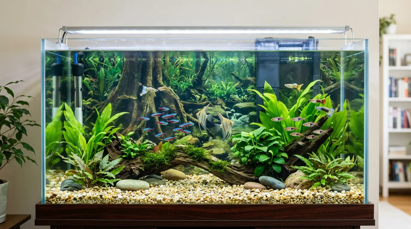 Aquarium background behind tropical freshwater fish tank