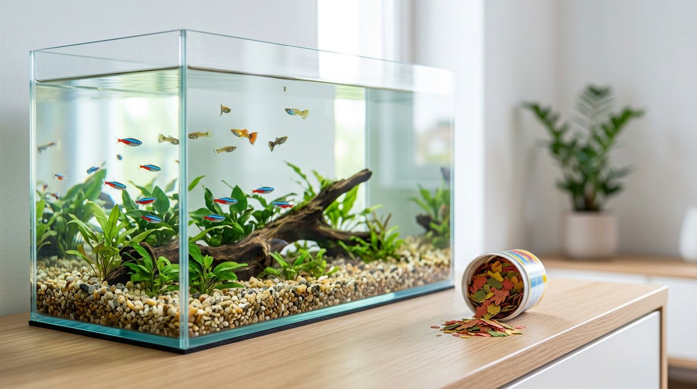 Aquarium fish food beside a freshwater fish tank