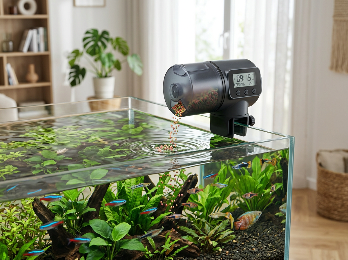 Automatic fish feeder mounted on a home aquarium for daily feeding