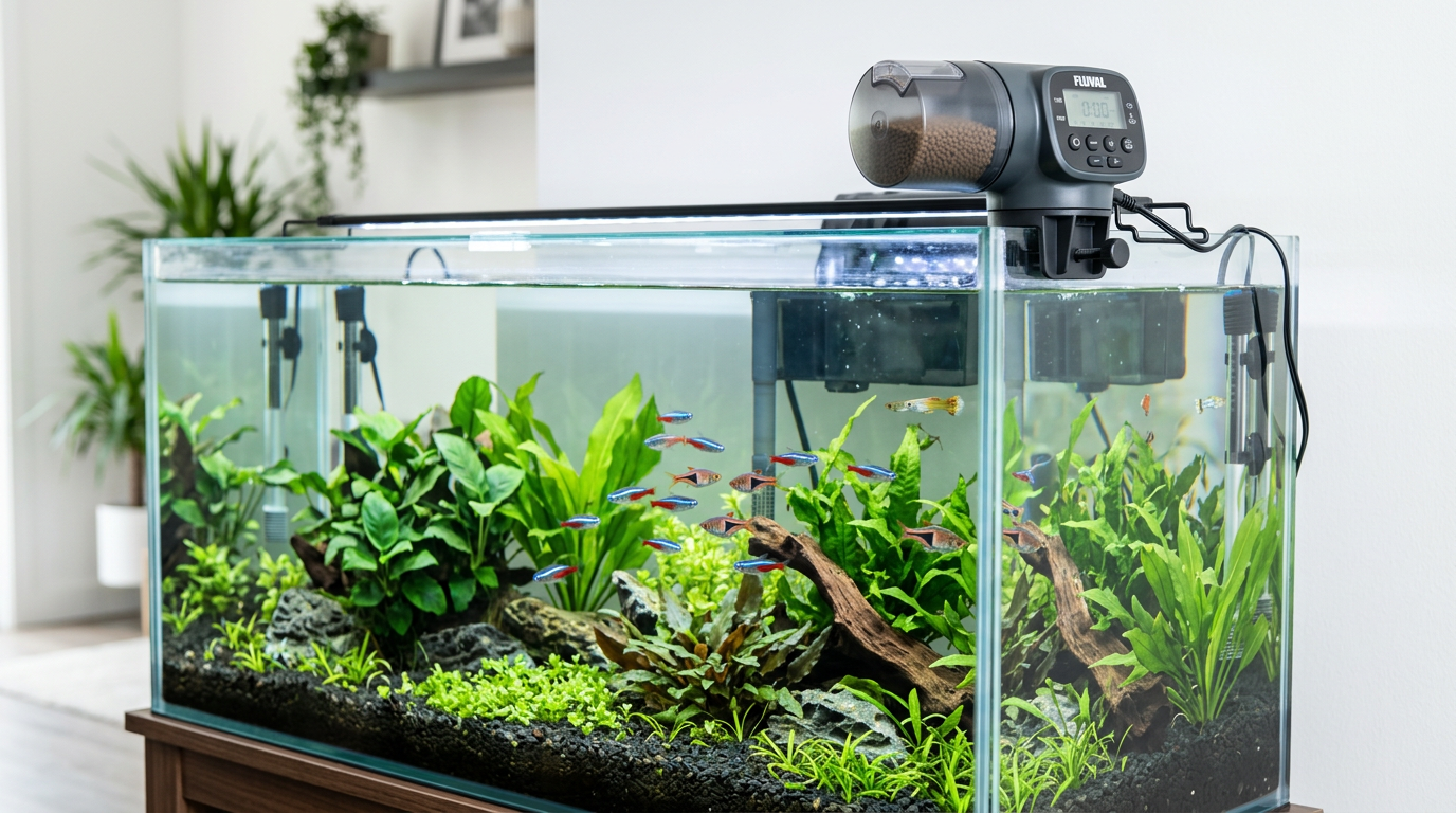 Automatic fish feeder attached to an aquarium