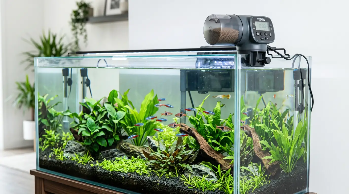 Automatic fish feeder attached to freshwater aquarium