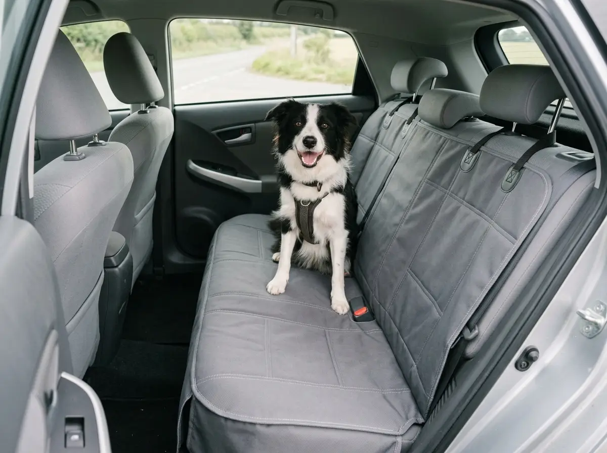 Illustration of a black-and-white dog sitting on a gray rear-seat cover