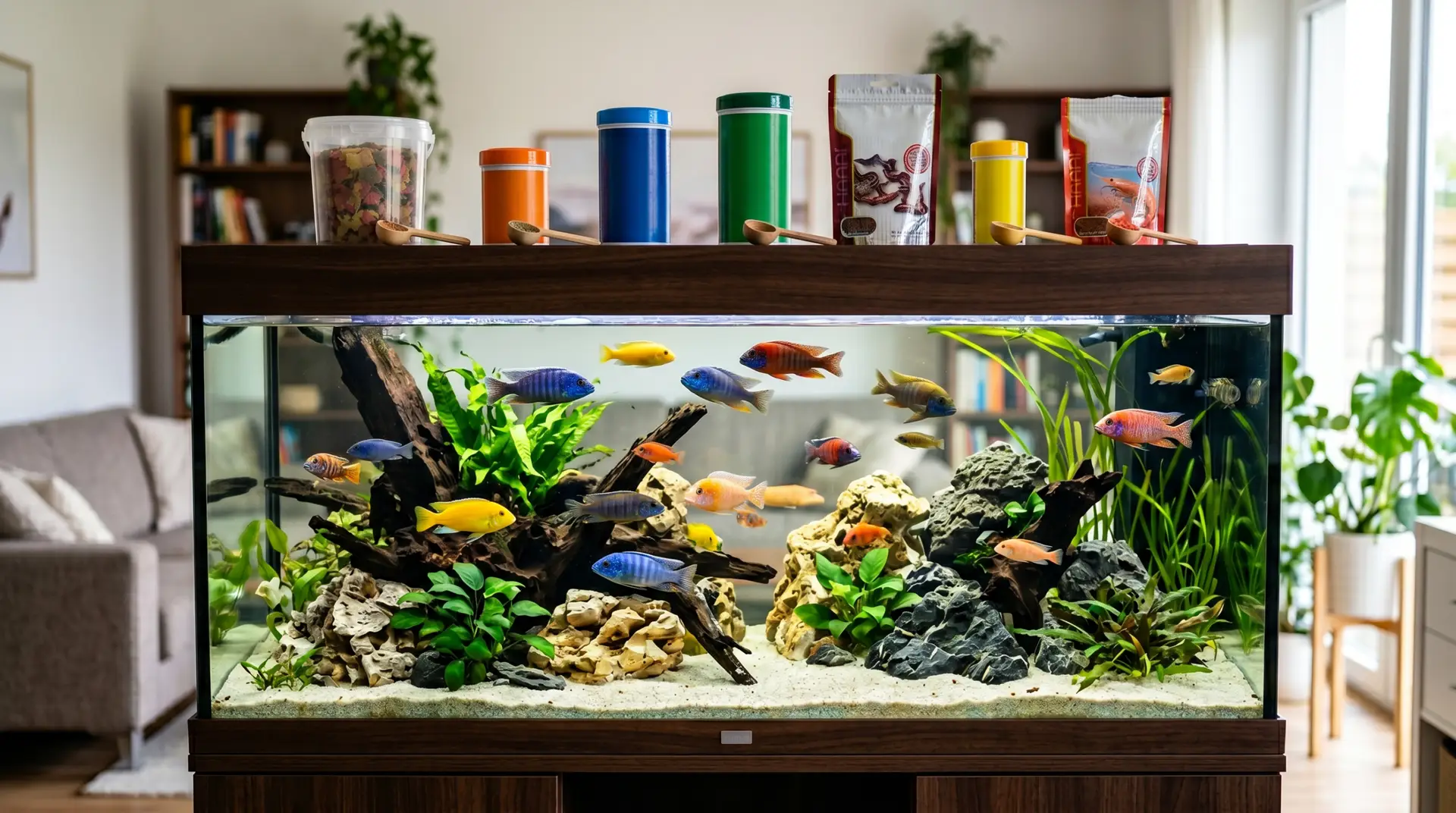 Best fish food guide Large crystal clear aquarium with colorful cichlids and fish food setup