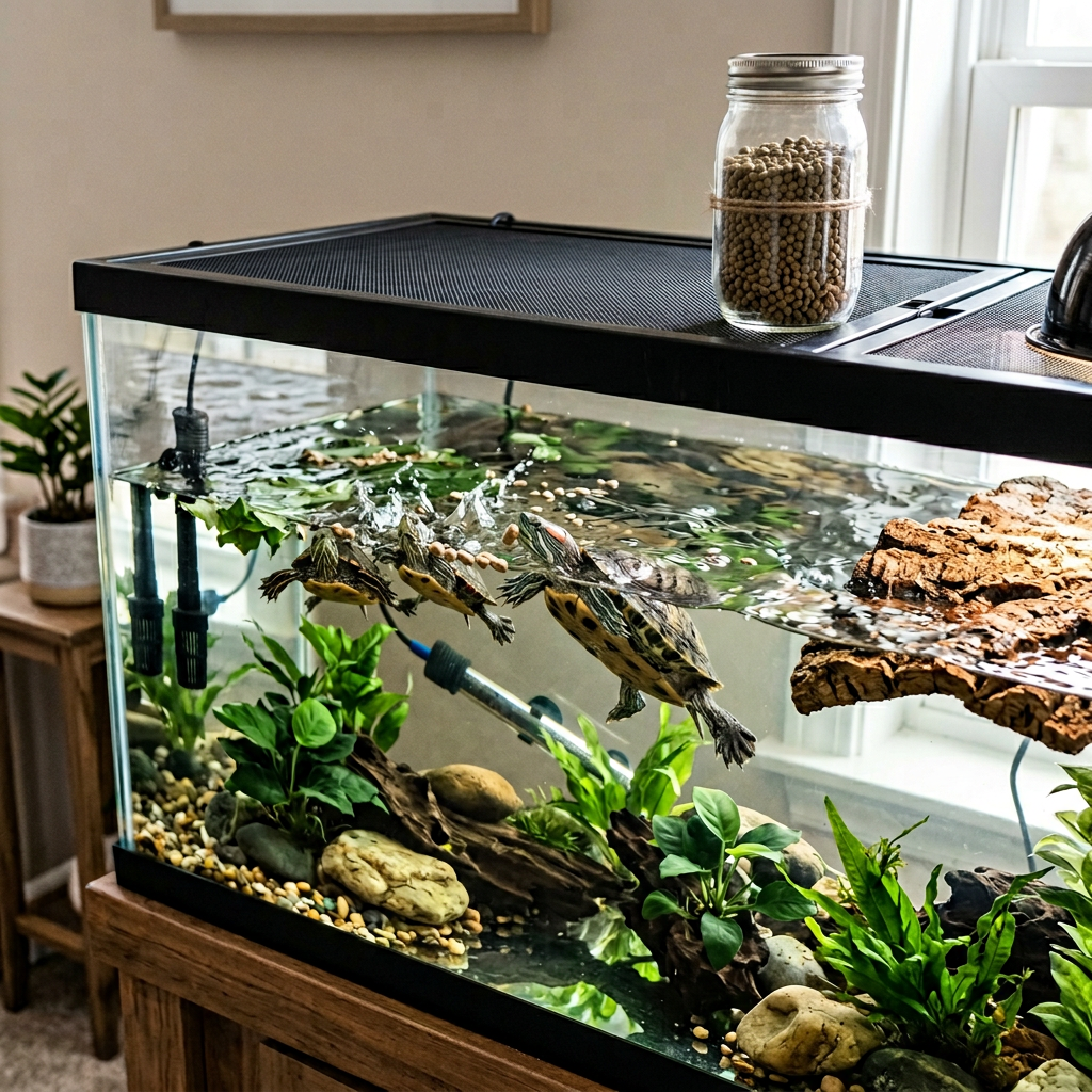 Value style aquatic turtle food jar next to a medium sized turtle aquarium
