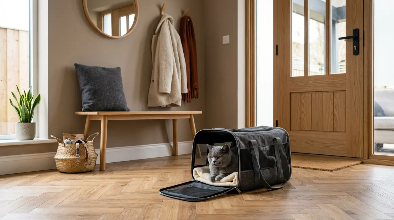 Best cat carriers for vet trips Cat sitting near a travel carrier before a vet trip