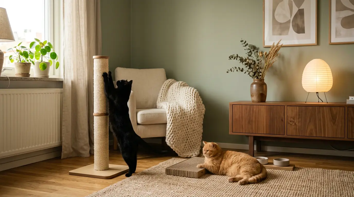 Cat using a scratching post in a cozy indoor room