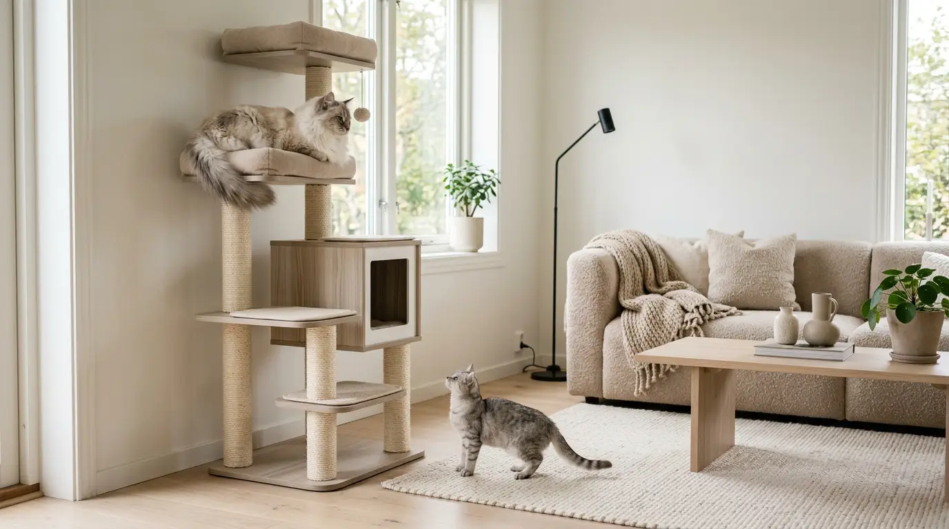 Indoor cat relaxing on a cat tree in a bright living room