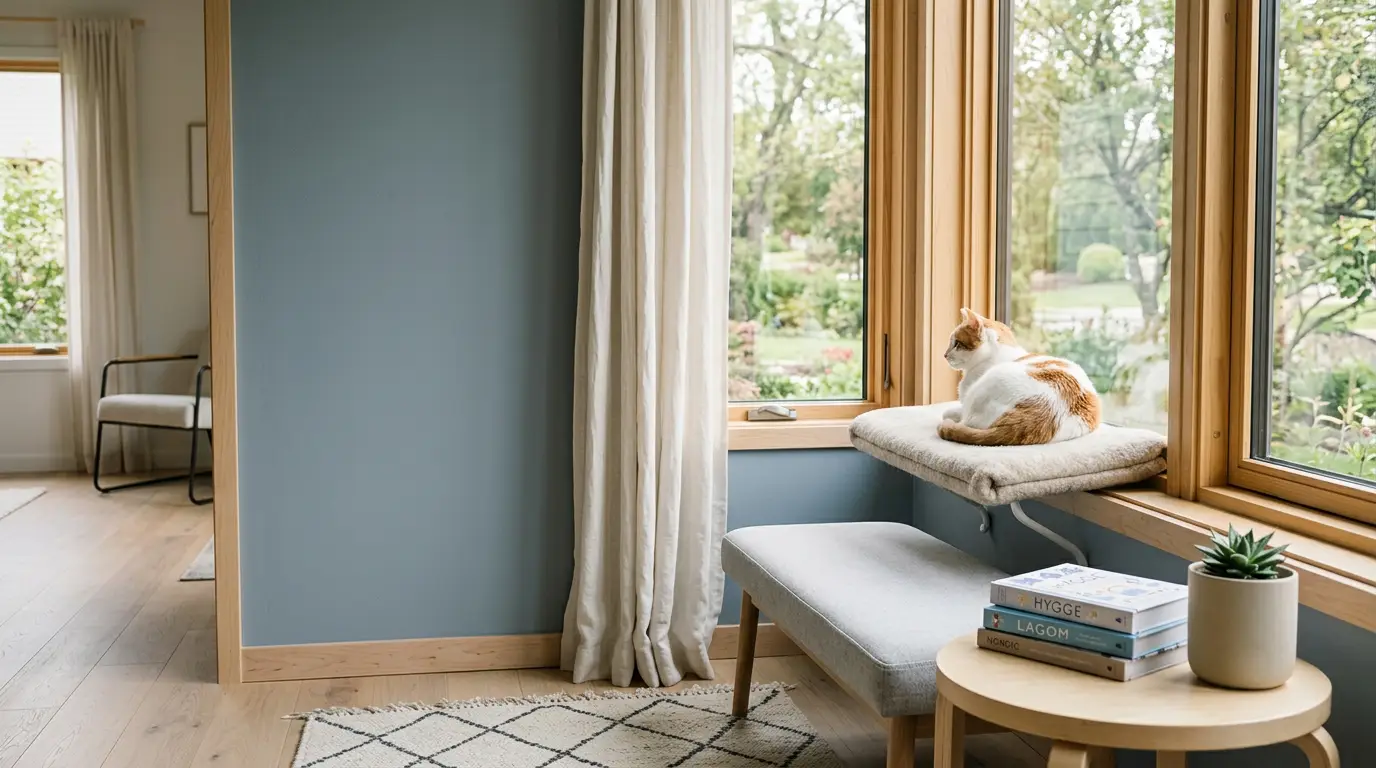Cat relaxing on a window perch in a sunny room