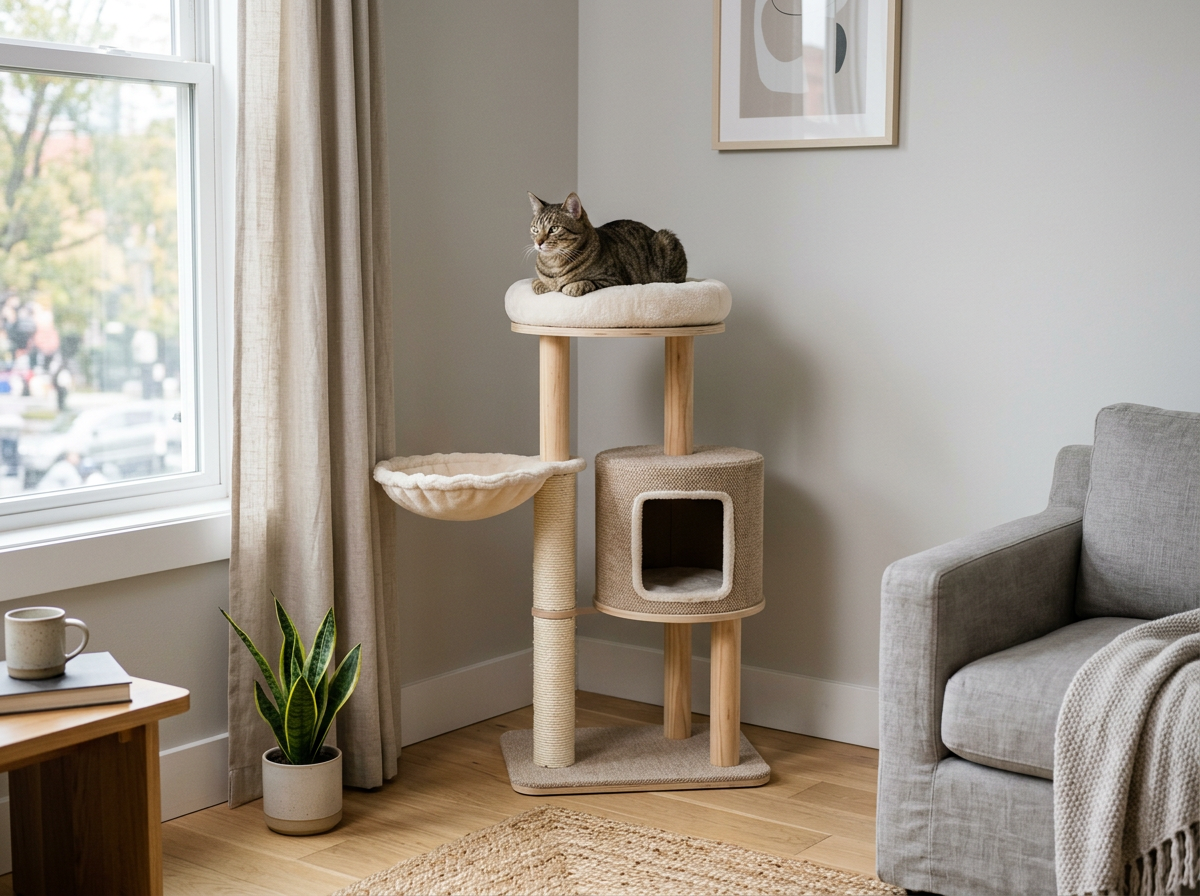Compact vertical cat tree in a small apartment