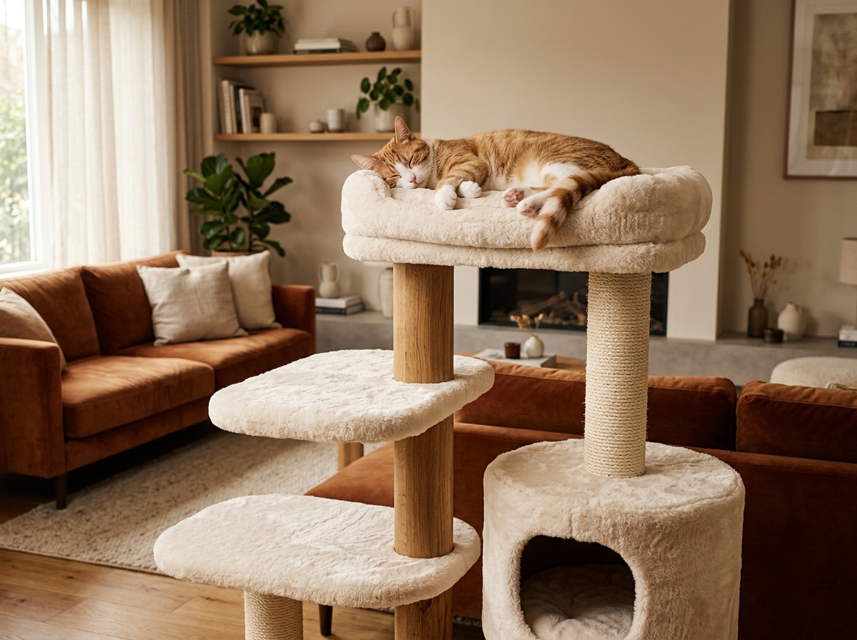 Large cat resting on a sturdy cat tree